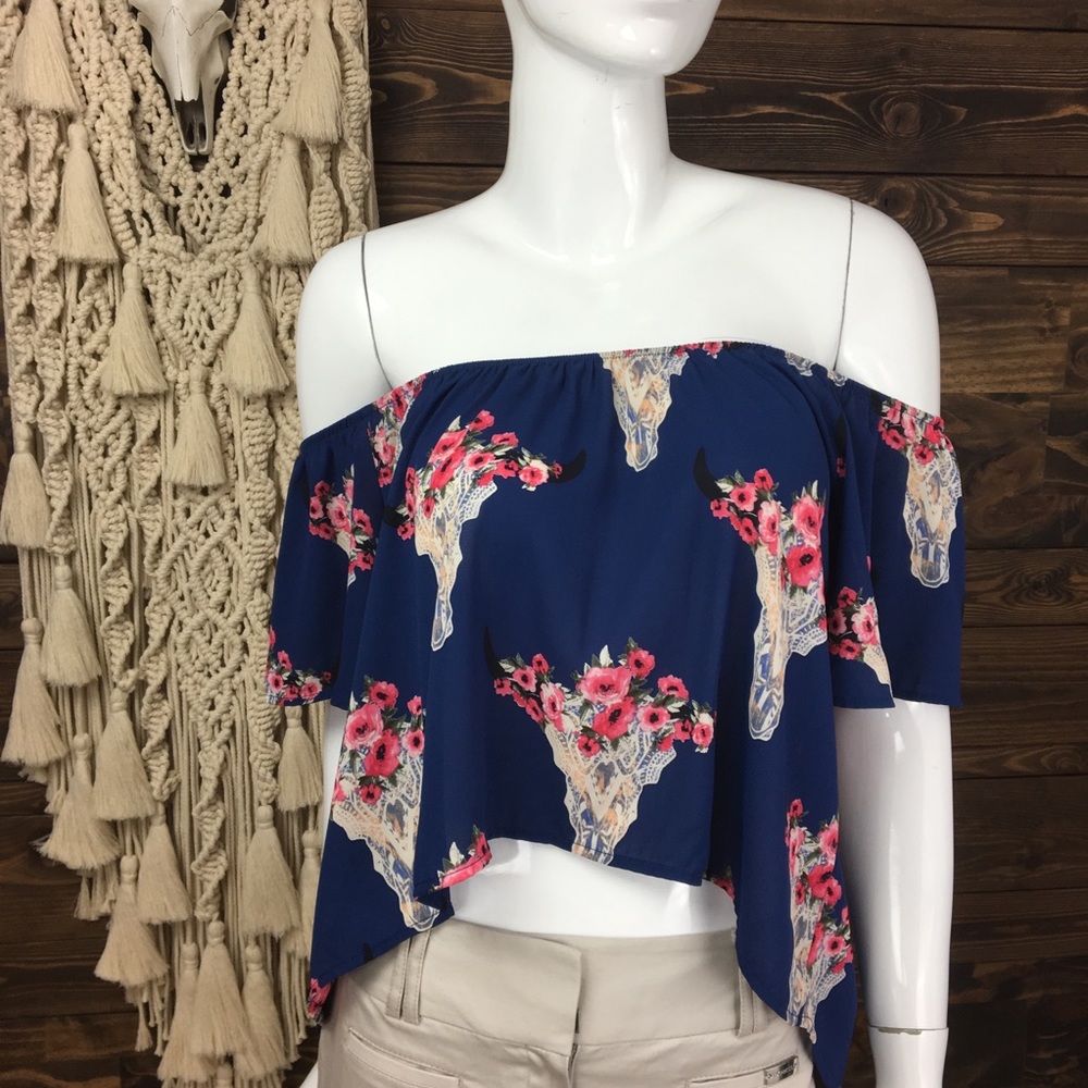 Altar’d State | Cow Skull Succulent‎ Head Ruffle Off Shoulder Blouse